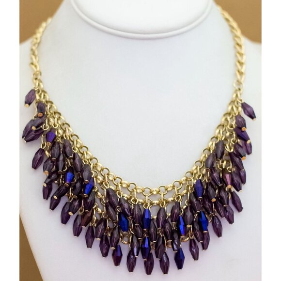 Vintage Purple Dangling Stones Gold Tone Bib Necklace by Liz Claiborne - W24 - Picture 2 of 3